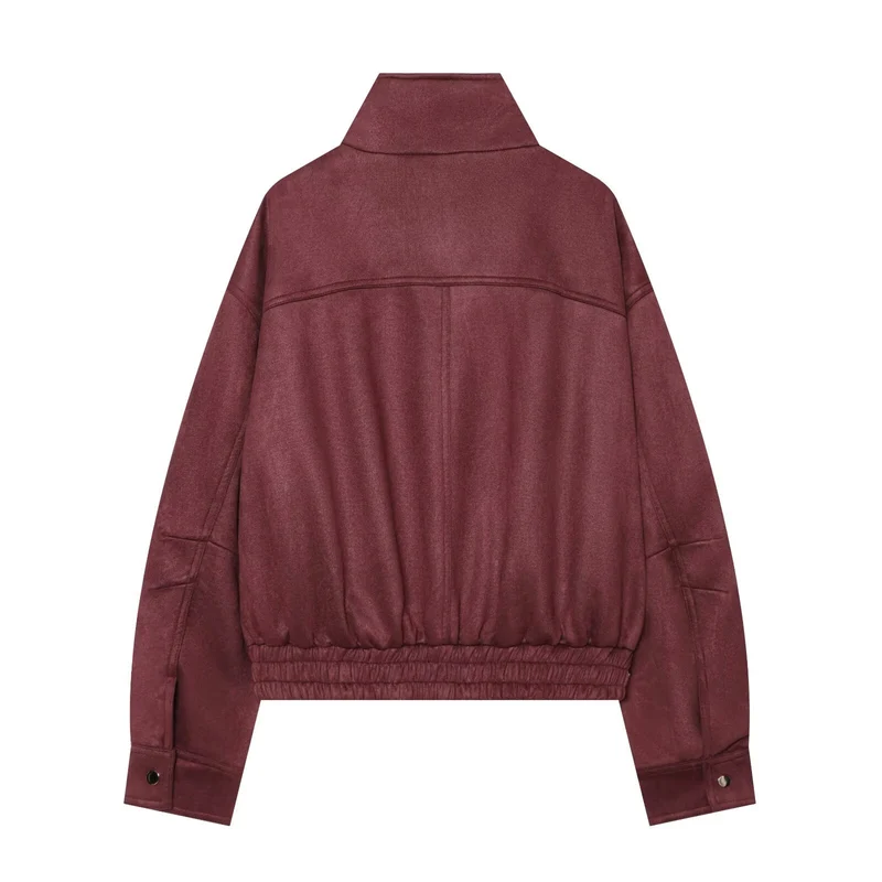 Damen Cropped Bomberjacke aus Veloursimitat mit Stehkragen und elastischem Saum Drune