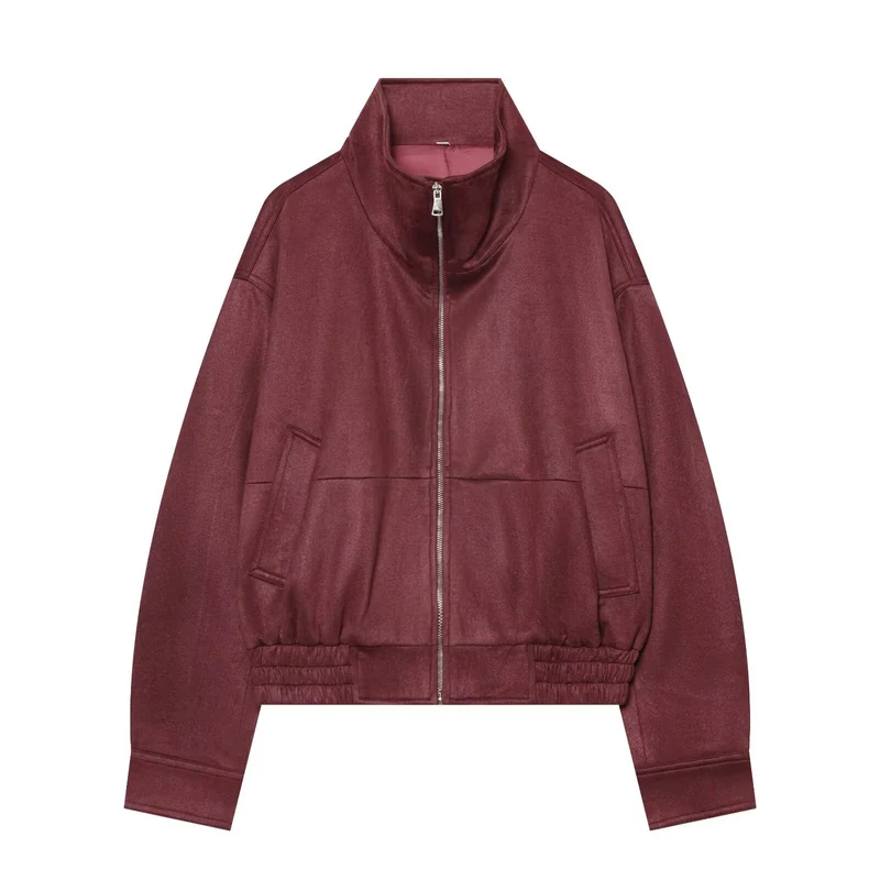 Damen Cropped Bomberjacke aus Veloursimitat mit Stehkragen und elastischem Saum Drune