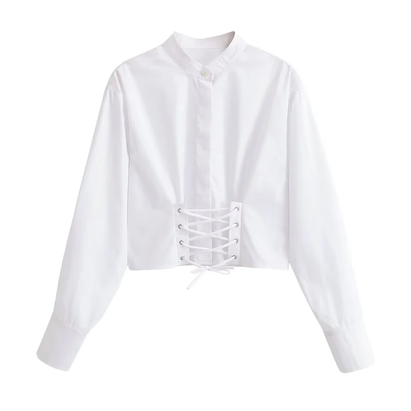 Damen Cropped Bluse mit Schnürkorsett‑Taillierung und Stehkragen Drune