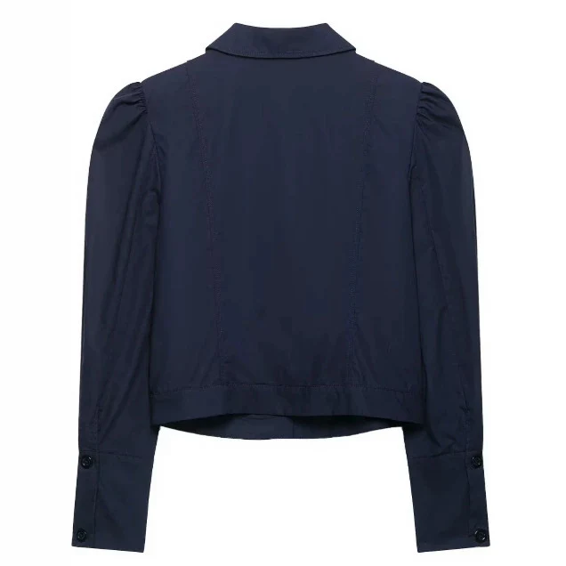 Damen Cropped Blousonjacke mit Puffärmeln, Hemdkragen und verlängerten Manschetten Drune