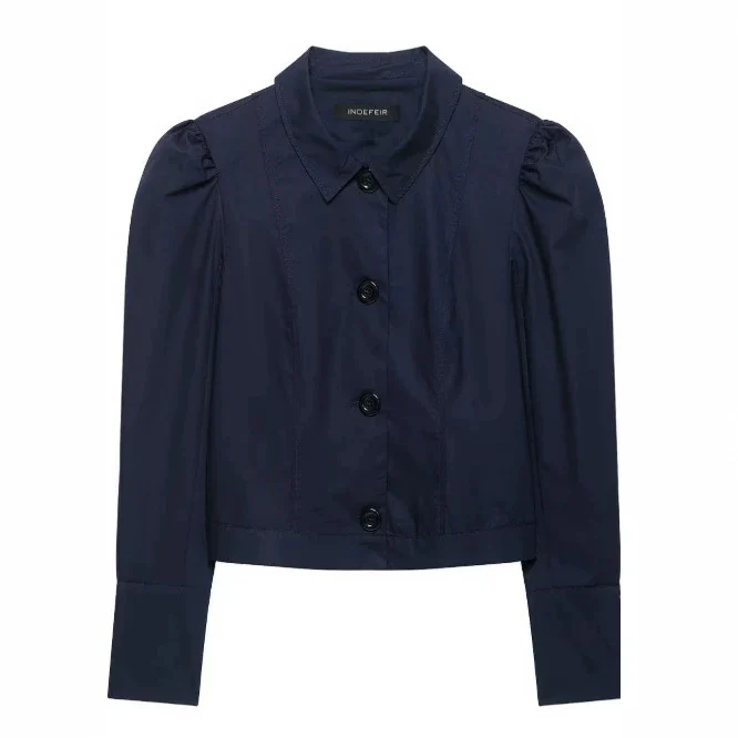 Damen Cropped Blousonjacke mit Puffärmeln, Hemdkragen und verlängerten Manschetten Drune