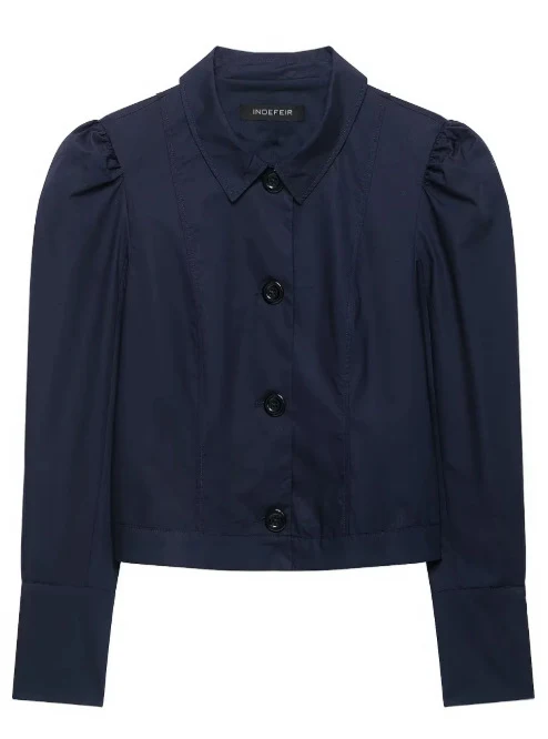 Damen Cropped Blousonjacke mit Puffärmeln, Hemdkragen und verlängerten Manschetten Drune
