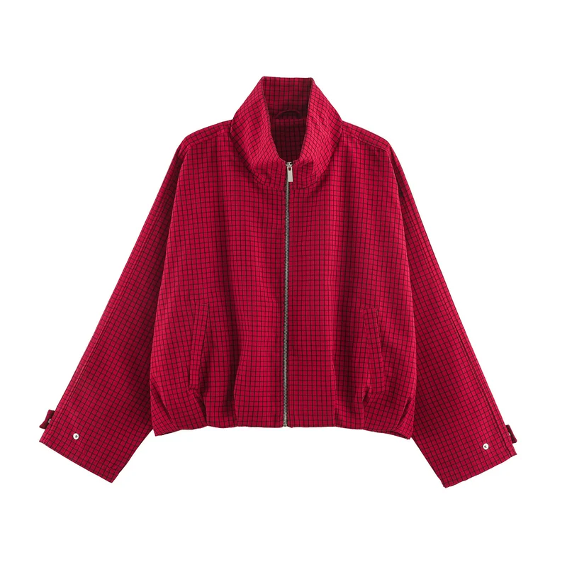 Damen Cropped Blousonjacke mit hohem Stehkragen, karierter Webstruktur und elastischem Abschluss Drune