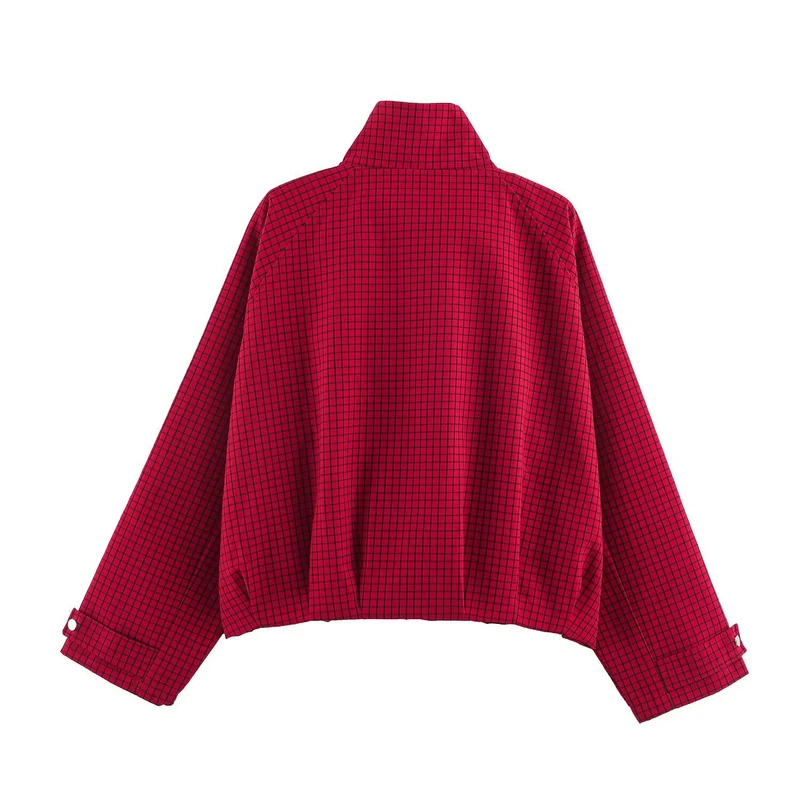 Damen Cropped Blousonjacke mit hohem Stehkragen, karierter Webstruktur und elastischem Abschluss Drune