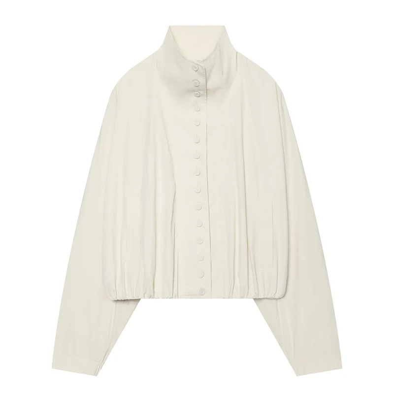 Damen Cropped Blousonjacke mit hohem Stehkragen, durchgehender Knopfleiste und elastischem Saum Drune