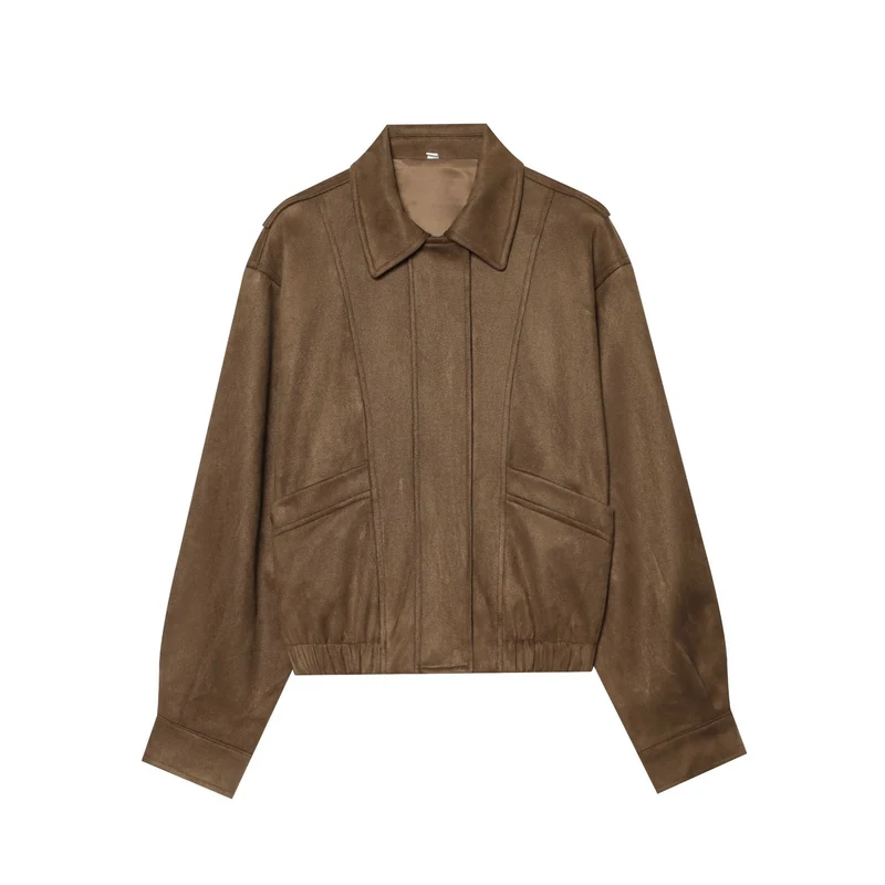 Damen Cropped Blousonjacke in Veloursoptik mit Hemdkragen, Pattentaschen und taillierendem Gummizug Drune