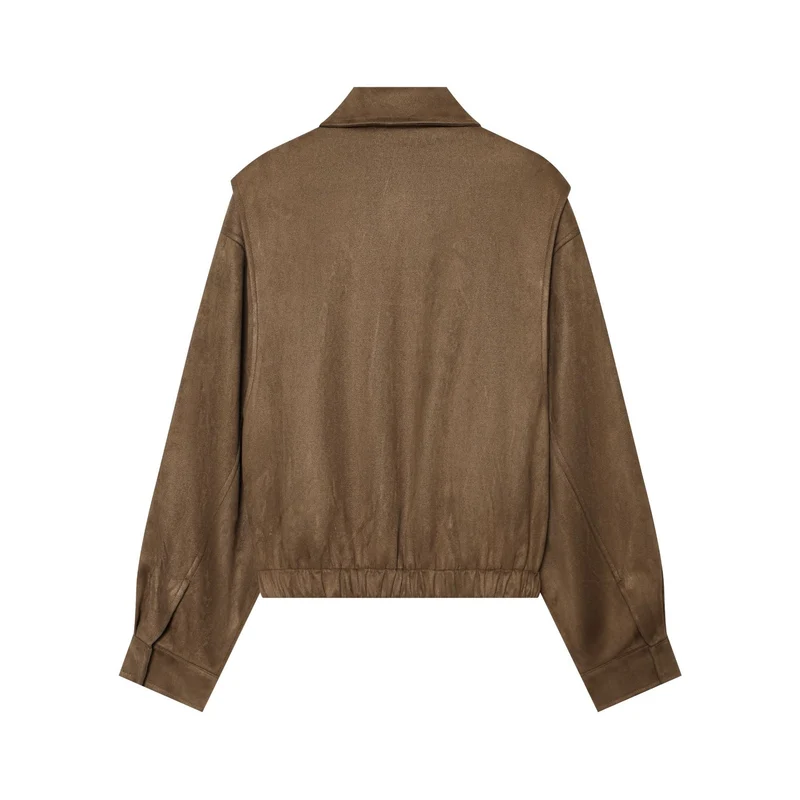 Damen Cropped Blousonjacke in Veloursoptik mit Hemdkragen, Pattentaschen und taillierendem Gummizug Drune