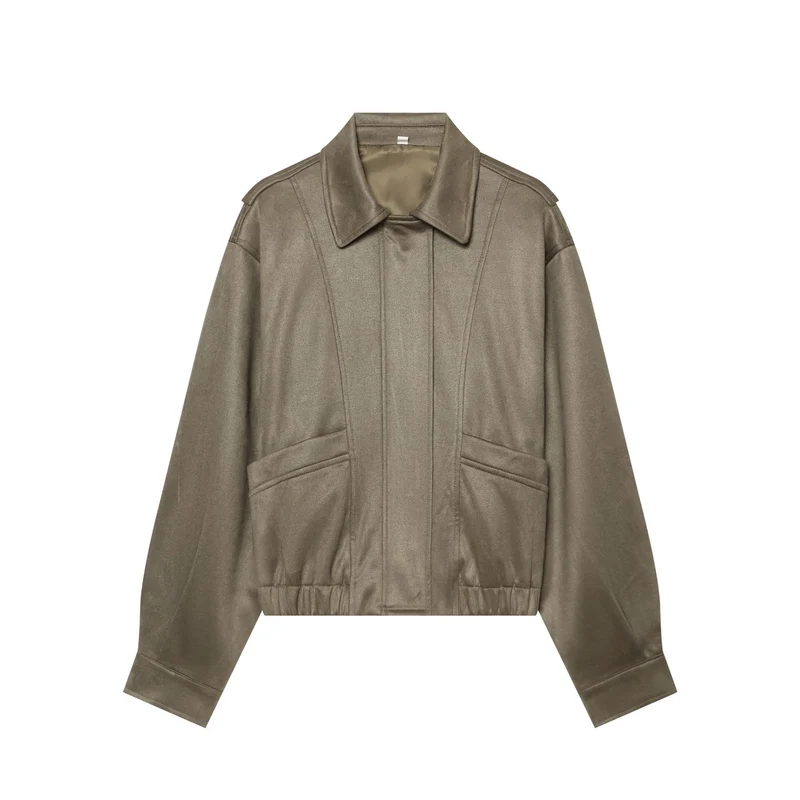 Damen Cropped Blousonjacke in Veloursoptik mit Hemdkragen, Pattentaschen und taillierendem Gummizug Drune