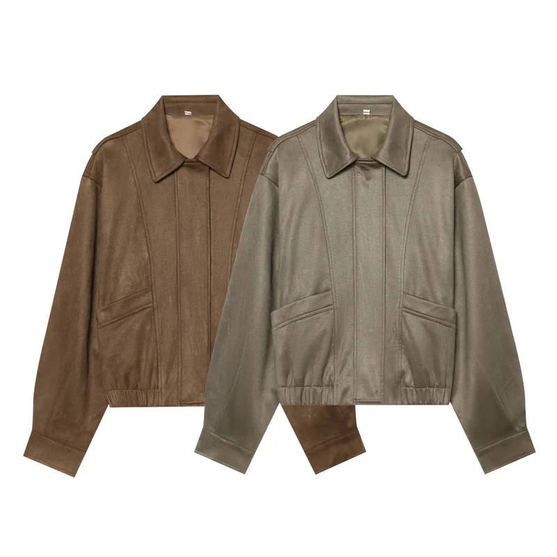 Damen Cropped Blousonjacke in Veloursoptik mit Hemdkragen, Pattentaschen und taillierendem Gummizug Drune