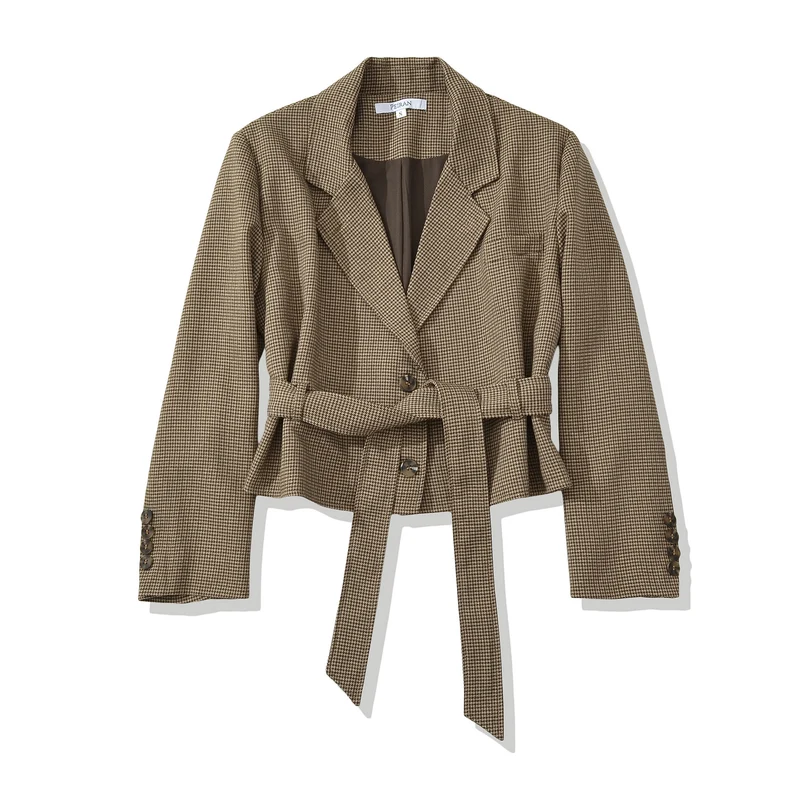 Damen Cropped Blazer mit Taillengürtel, Hahnentrittstruktur und Reverskragen Drune
