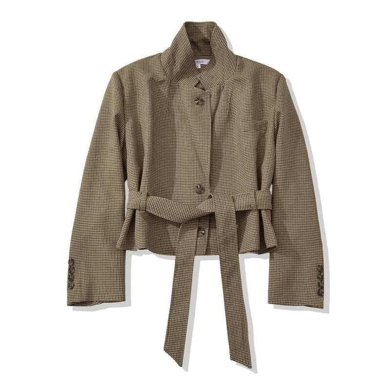 Damen Cropped Blazer mit Taillengürtel, Hahnentrittstruktur und Reverskragen Drune