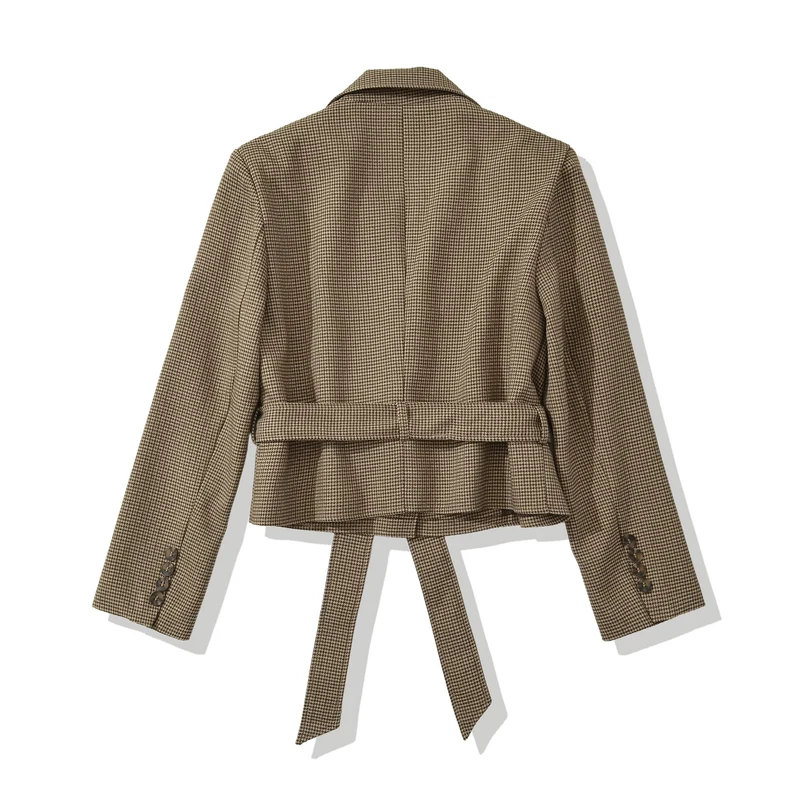 Damen Cropped Blazer mit Taillengürtel, Hahnentrittstruktur und Reverskragen Drune