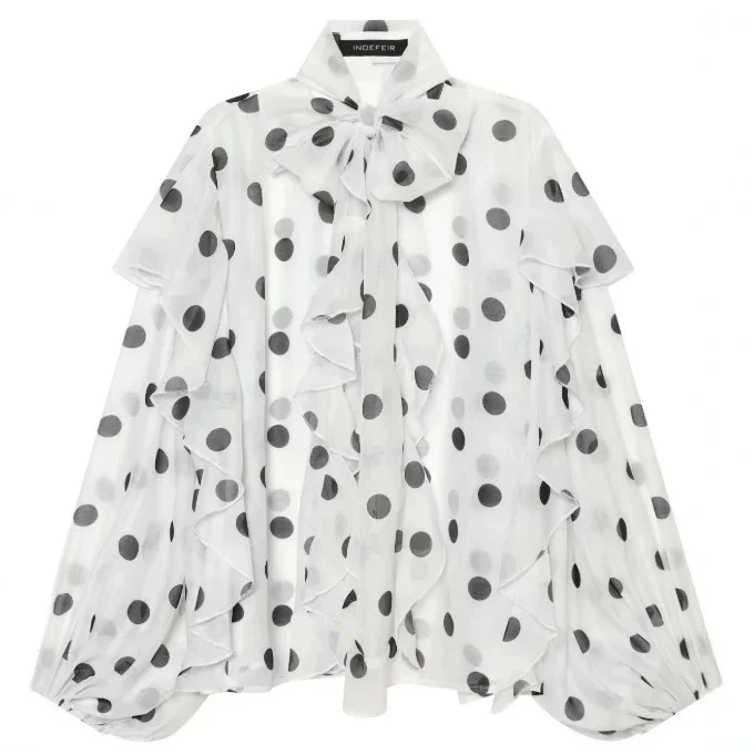 Damen Chiffonbluse mit Volant‑Rüschen, Schleifenkragen und Ballonärmeln Drune