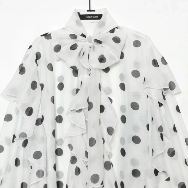 Damen Chiffonbluse mit Volant‑Rüschen, Schleifenkragen und Ballonärmeln Drune