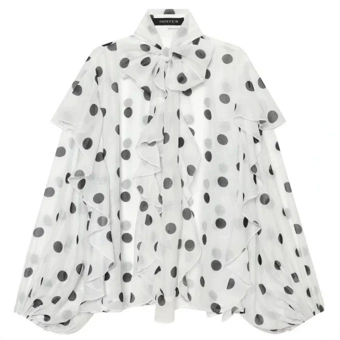 Damen Chiffonbluse mit Volant‑Rüschen, Schleifenkragen und Ballonärmeln Drune