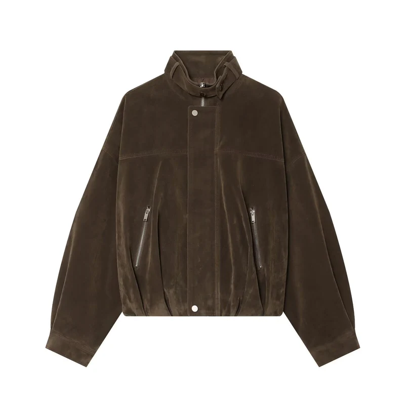 Damen Boxy Veloursleder‑Blousonjacke mit hohem Stehkragen, elastischem Saum und Reißverschlusstaschen Drune