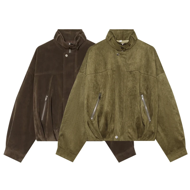 Damen Boxy Veloursleder‑Blousonjacke mit hohem Stehkragen, elastischem Saum und Reißverschlusstaschen Drune