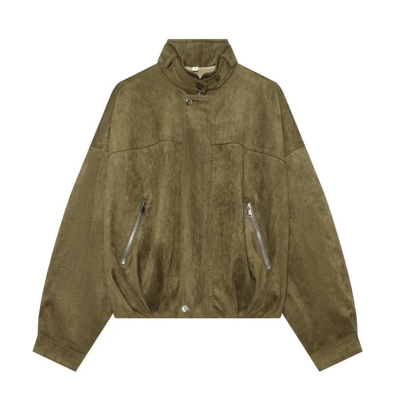 Damen Boxy Veloursleder‑Blousonjacke mit hohem Stehkragen, elastischem Saum und Reißverschlusstaschen Drune