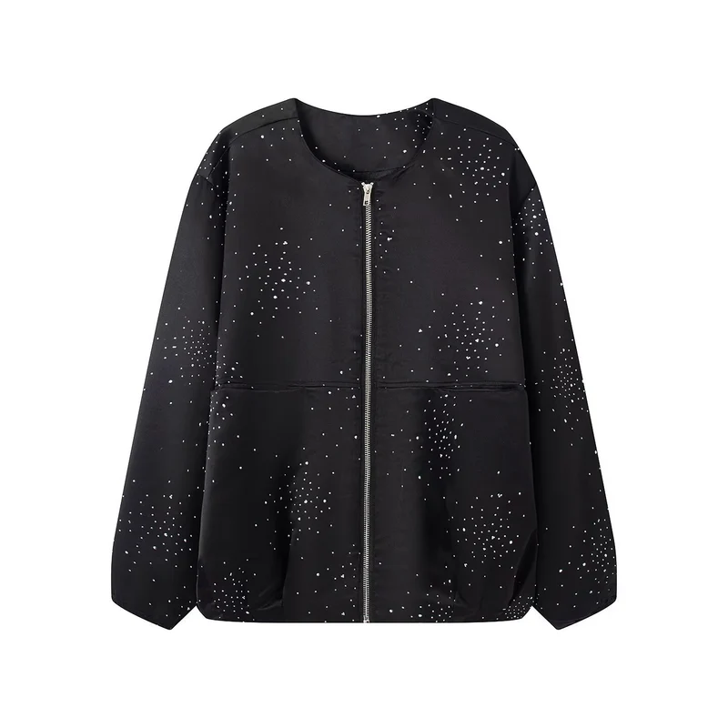 Damen Boxy‑Blouson mit Rundhals, Metallreißverschluss und dezentem Glitzerbesatz Drune