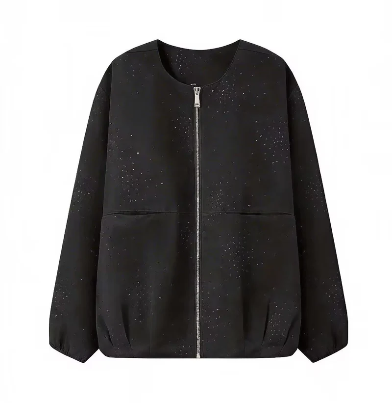 Damen Boxy‑Blouson mit Rundhals, Metallreißverschluss und dezentem Glitzerbesatz Drune