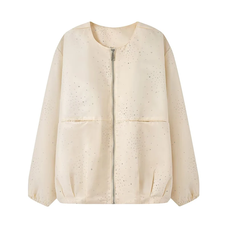 Damen Boxy‑Blouson mit Rundhals, Metallreißverschluss und dezentem Glitzerbesatz Drune
