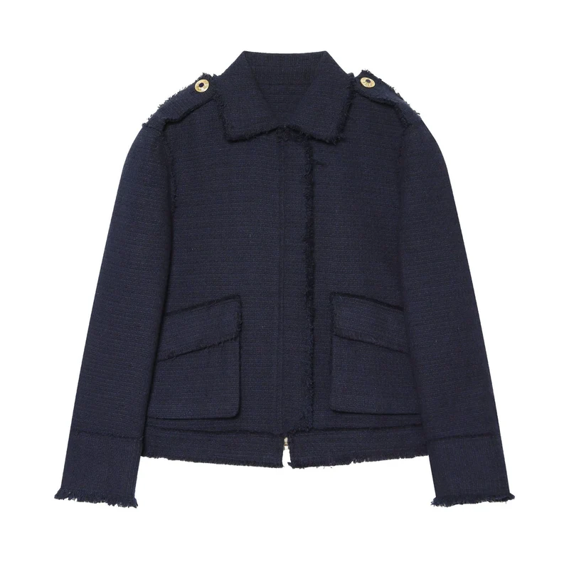 Damen Bouclé‑Tweed Kurzblouson mit Fransen‑Detail, Pattentaschen und Schulterpatten Drune
