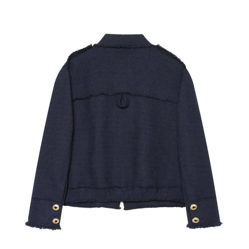 Damen Bouclé‑Tweed Kurzblouson mit Fransen‑Detail, Pattentaschen und Schulterpatten Drune