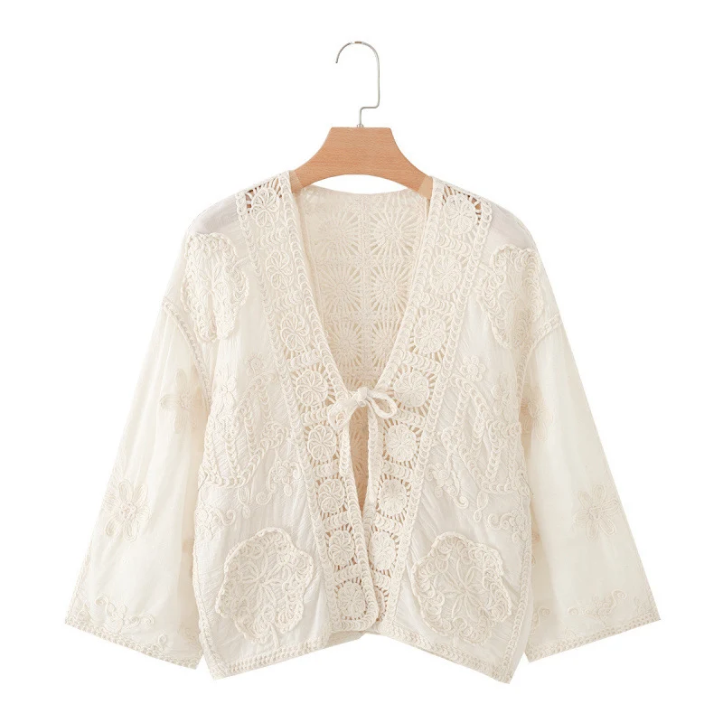 Damen Boho‑Häkelspitzenjacke mit V‑Ausschnitt und Bindeband Drune
