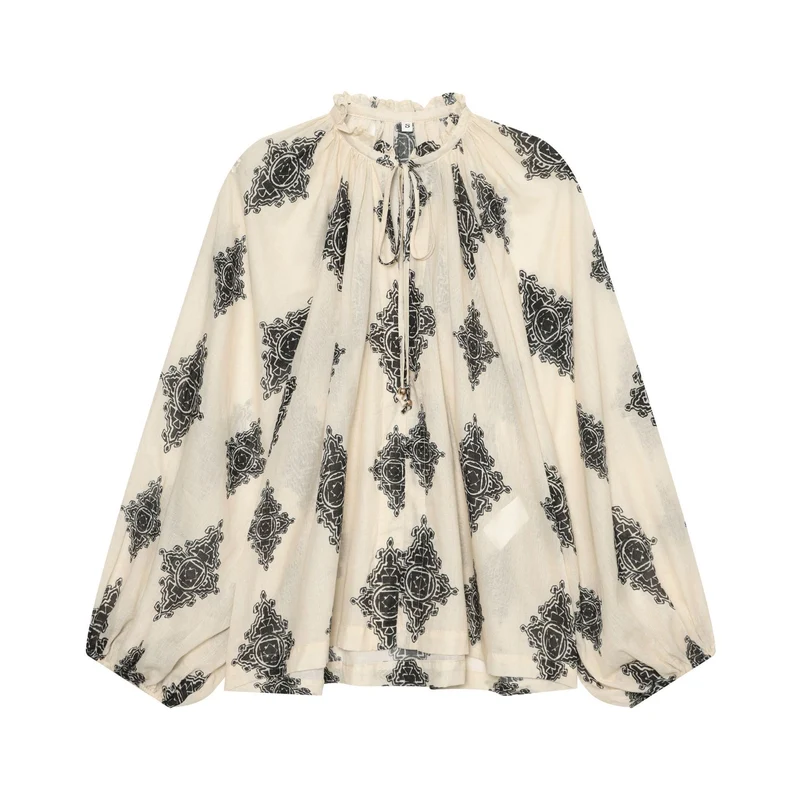 Damen Boho-Bluse aus leichtem Baumwollvoile mit gerafftem Stehkragen, Bindeband und voluminösen Ballonärmeln Drune
