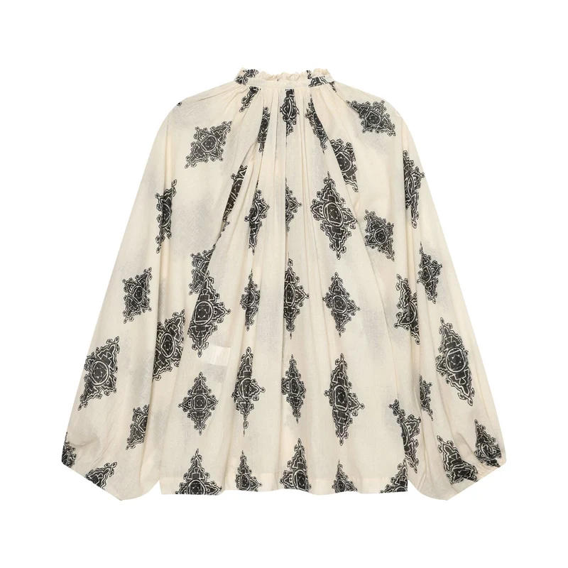 Damen Boho-Bluse aus leichtem Baumwollvoile mit gerafftem Stehkragen, Bindeband und voluminösen Ballonärmeln Drune