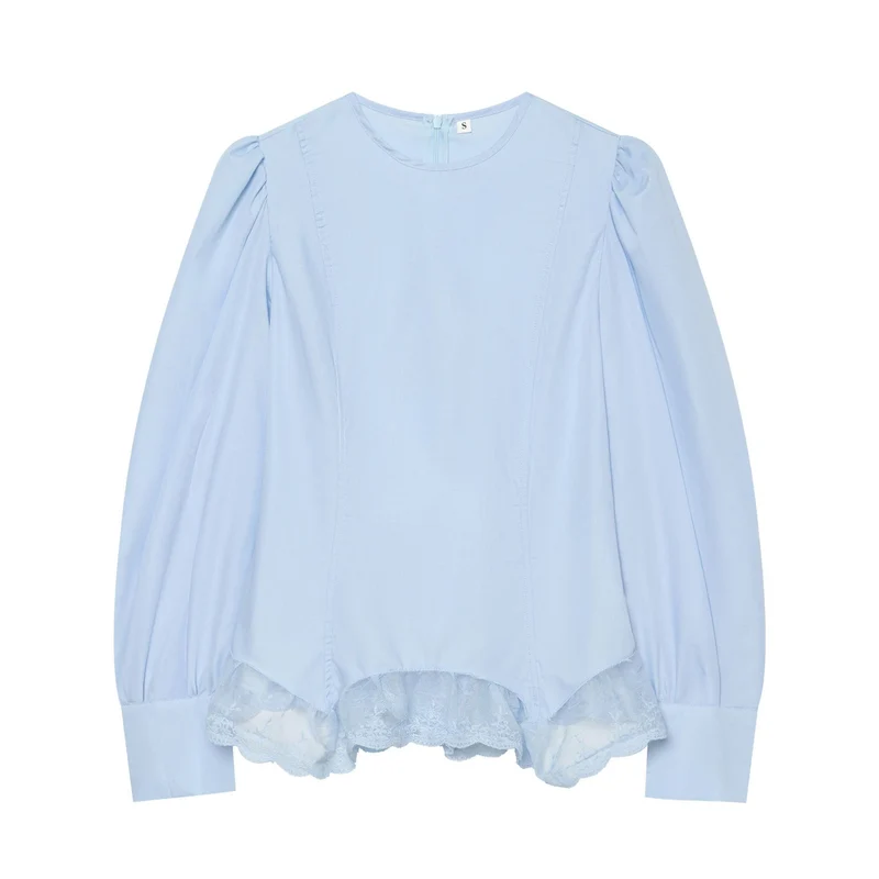 Damen Bluse mit Ballonärmeln und Spitzenbesatz Drune