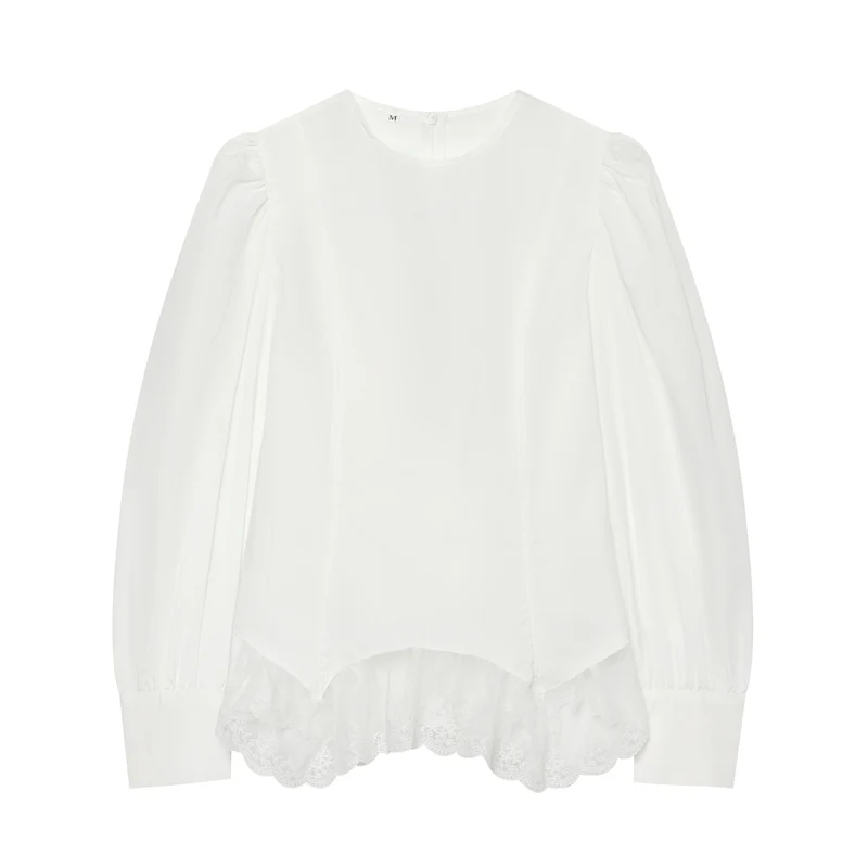 Damen Bluse mit Ballonärmeln und Spitzenbesatz Drune