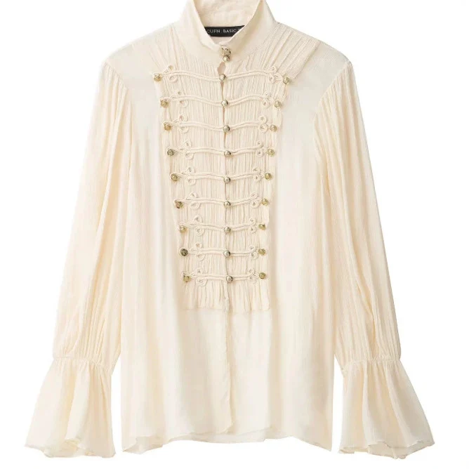 Damen Bluse im Military‑Plastron‑Look mit Stehkragen und Plisséeärmeln Drune