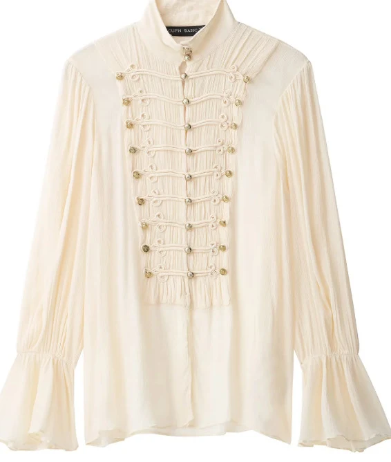 Damen Bluse im Military‑Plastron‑Look mit Stehkragen und Plisséeärmeln Drune