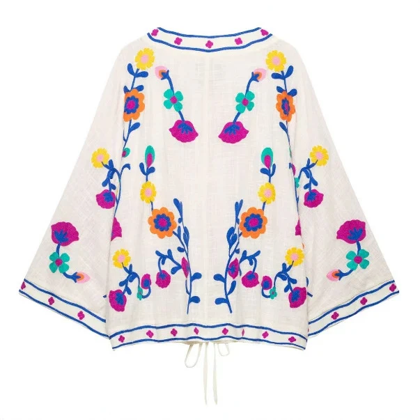 Damen Bestickter leichter Kimono-Cardigan mit floralem Motiv und Bindeband Drune