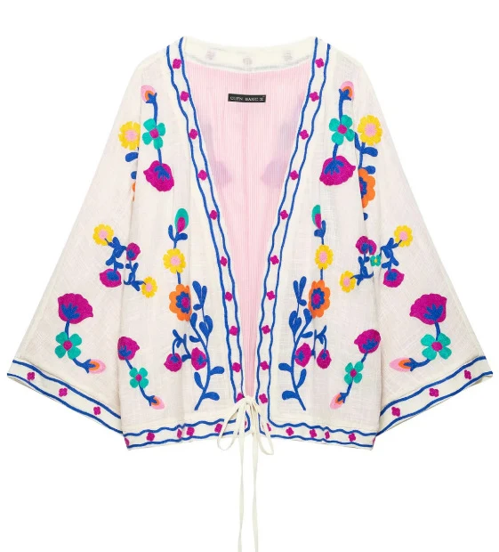 Damen Bestickter leichter Kimono-Cardigan mit floralem Motiv und Bindeband Drune