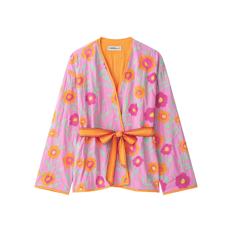 Damen Bestickter Kimono‑Blouson mit Taillenband Drune