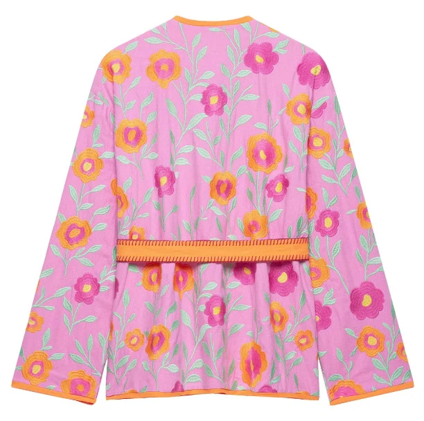 Damen Bestickte Kimonojacke mit Blumenstickerei, Bindegürtel und kontrastierendem Besatz Drune
