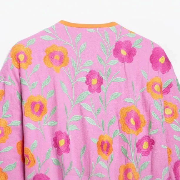 Damen Bestickte Kimonojacke mit Blumenstickerei, Bindegürtel und kontrastierendem Besatz Drune