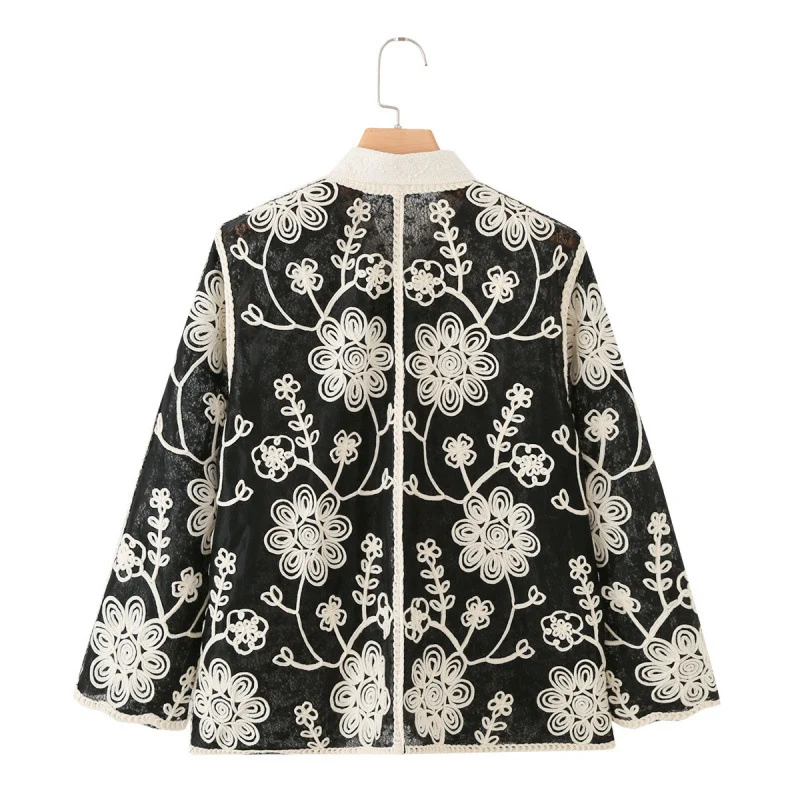 Damen Bestickte Häkeljacke mit Blumenapplikationen und Hemdkragen Drune