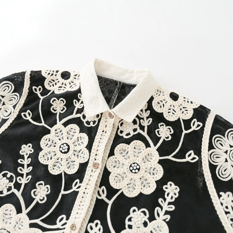 Damen Bestickte Häkeljacke mit Blumenapplikationen und Hemdkragen Drune