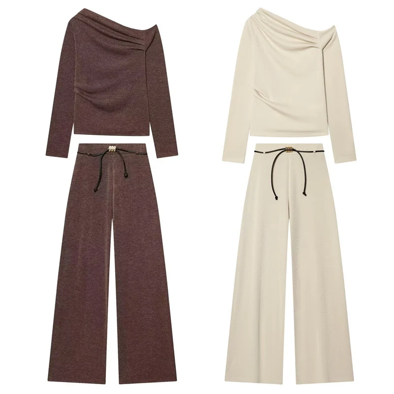 Damen Asymmetrisches Feinstrick-Top mit Wasserfallkragen und seitlicher Raffung Drune
