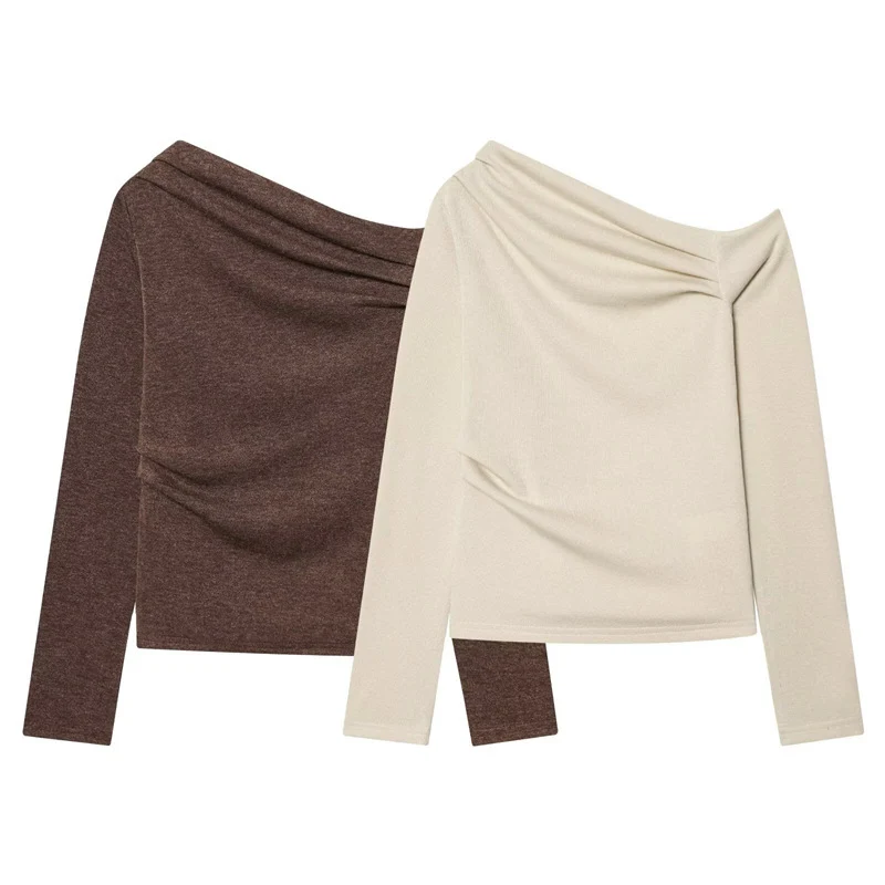 Damen Asymmetrisches Feinstrick-Top mit Wasserfallkragen und seitlicher Raffung Drune
