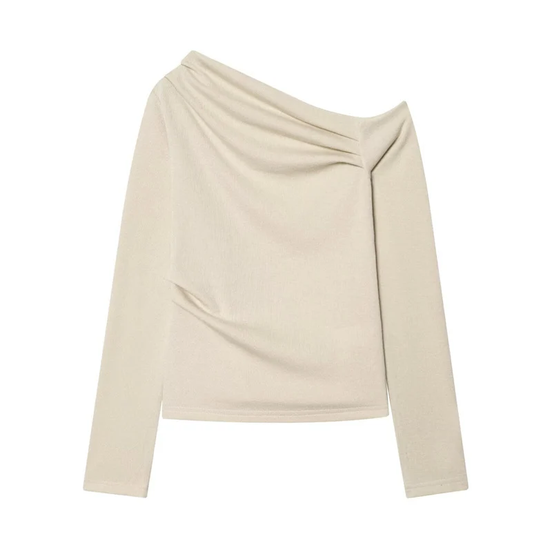 Damen Asymmetrisches Feinstrick-Top mit Wasserfallkragen und seitlicher Raffung Drune