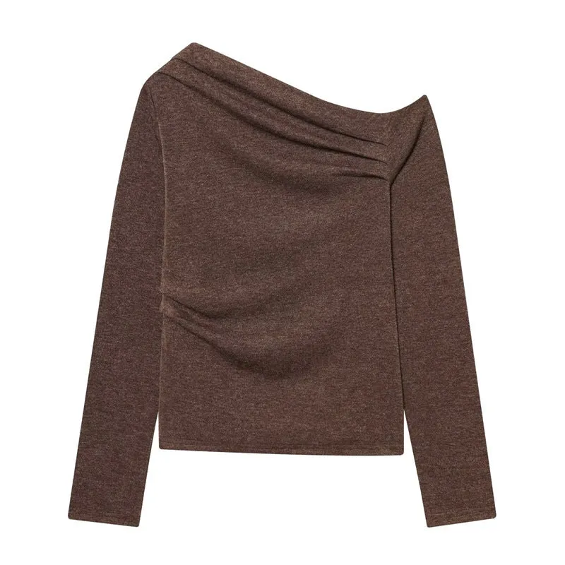 Damen Asymmetrisches Feinstrick-Top mit Wasserfallkragen und seitlicher Raffung Drune