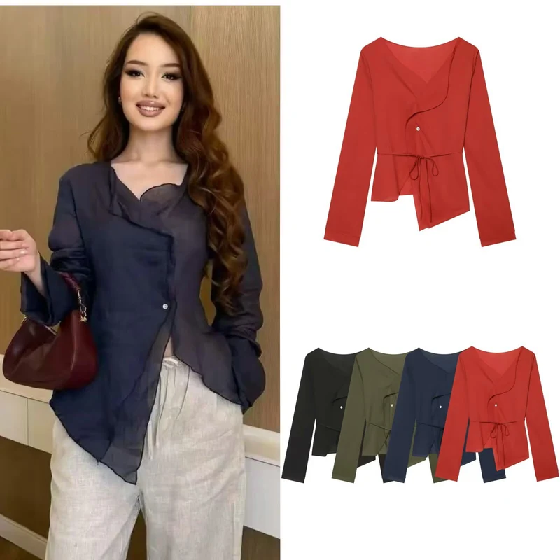 Damen Asymmetrische Wickelbluse mit Volantkante und Taillengürtel Drune