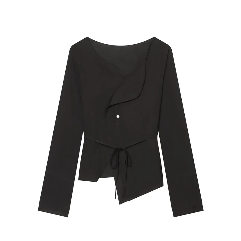 Damen Asymmetrische Wickelbluse mit Volantkante und Taillengürtel Drune