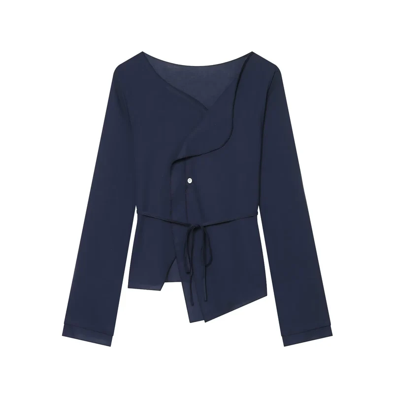 Damen Asymmetrische Wickelbluse mit Volantkante und Taillengürtel Drune