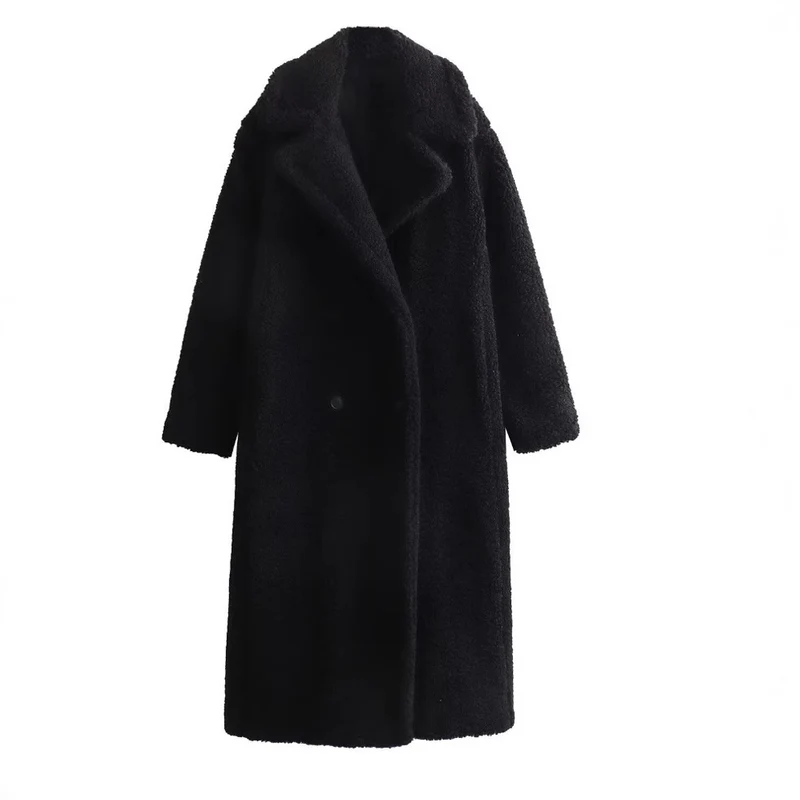 Damen 900+ langer Teddy‑Mantel im Oversize‑Cut mit Doppelreihe, Reverskragen und wärmender Innenfutter Drune