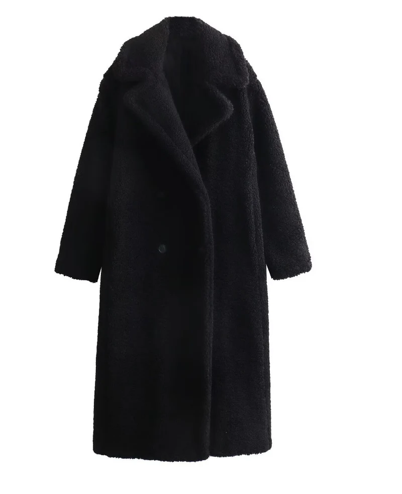 Damen 900+ langer Teddy‑Mantel im Oversize‑Cut mit Doppelreihe, Reverskragen und wärmender Innenfutter Drune